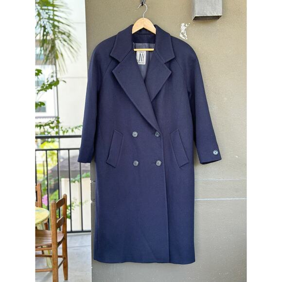 Vintage 90s Y2K Jones New York 100% Pure Wool Navy Blue Double Breasted Overcoat - Picture 2 of 9